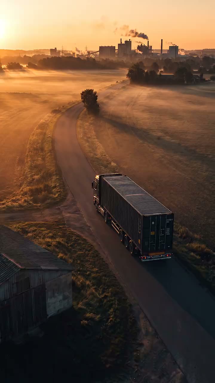 At dawn a truck carries a shipping container along a country road toward a factory