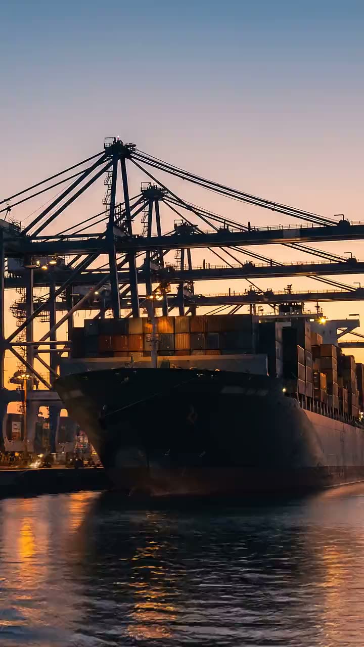 A ship at a port at dusk, cranes over it