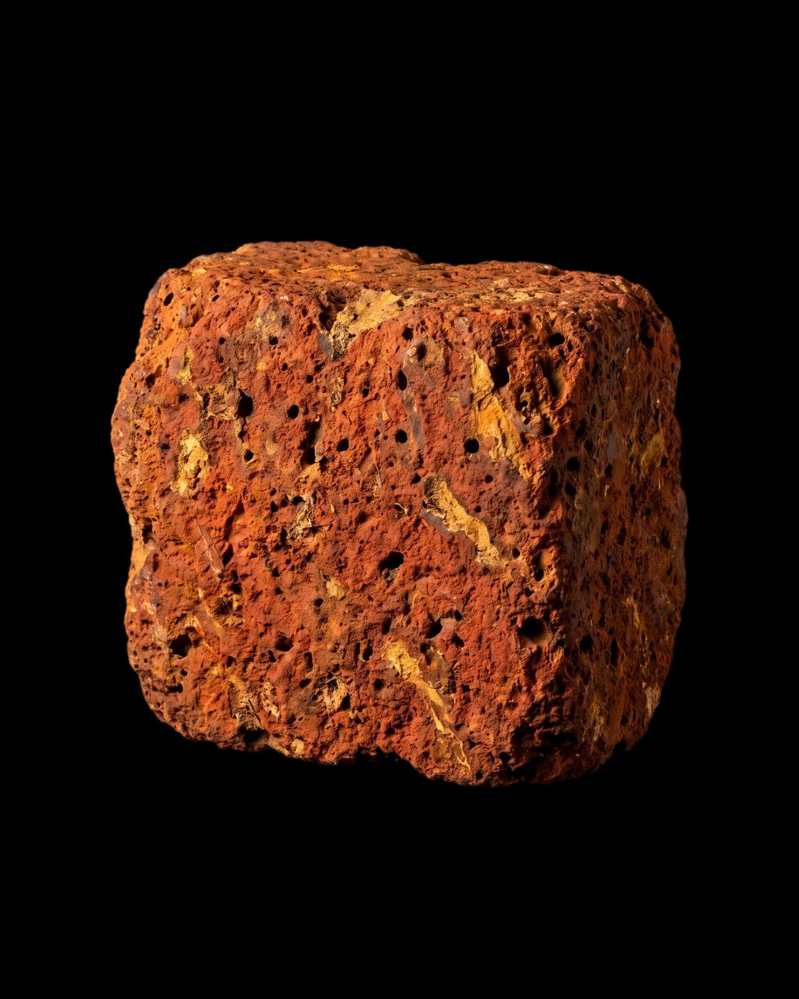 A block of rusty red laterite with small holes