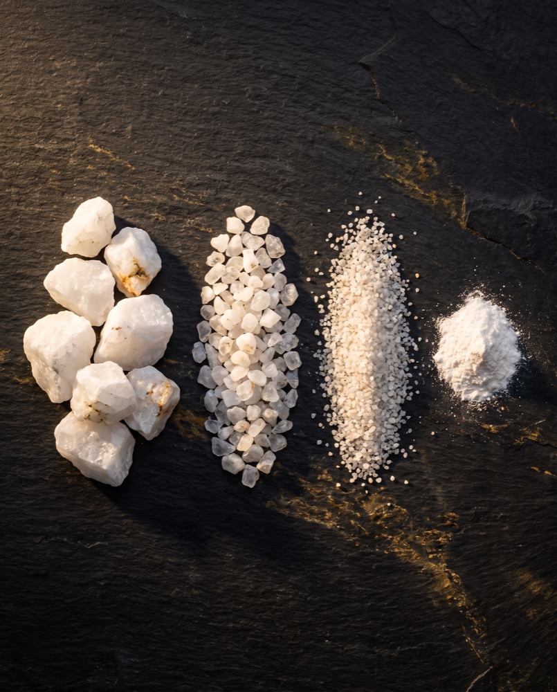 Quartz in graded sizes, from lumps to powder
