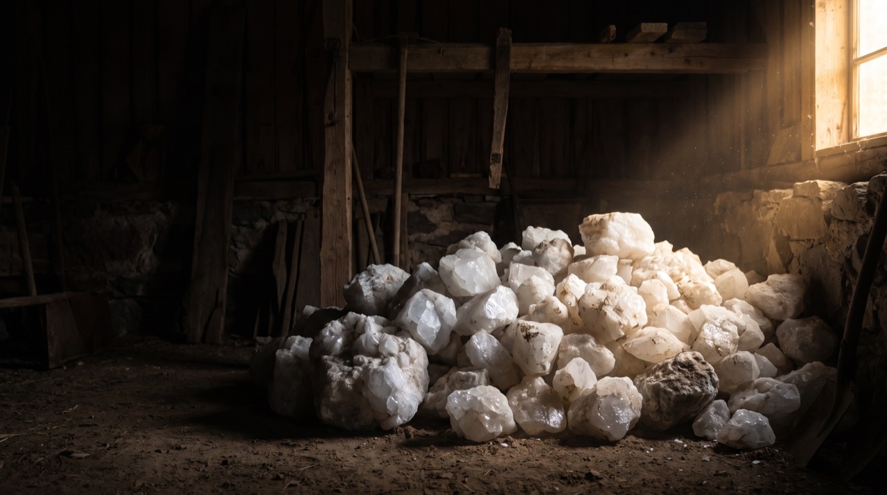 A heap of white quartz lumps
