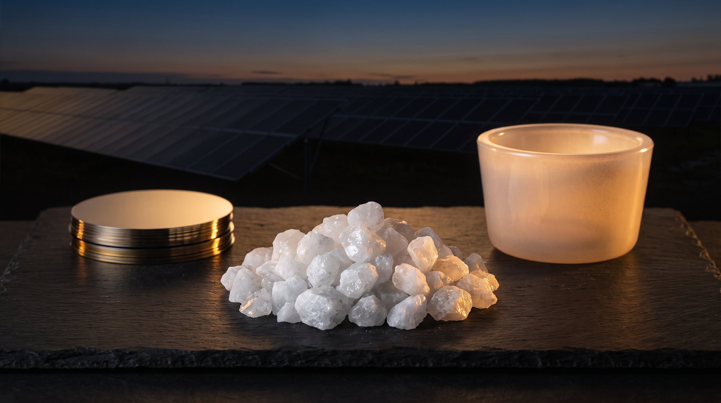 High-purity quartz beside a quartz crucible, silicon wafers and solar panels