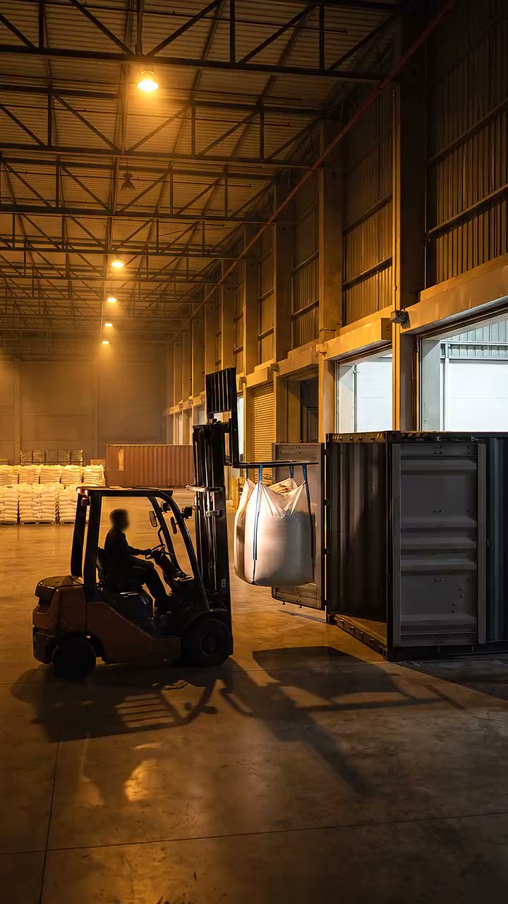 In a warehouse a forklift loads white mineral into a shipping container